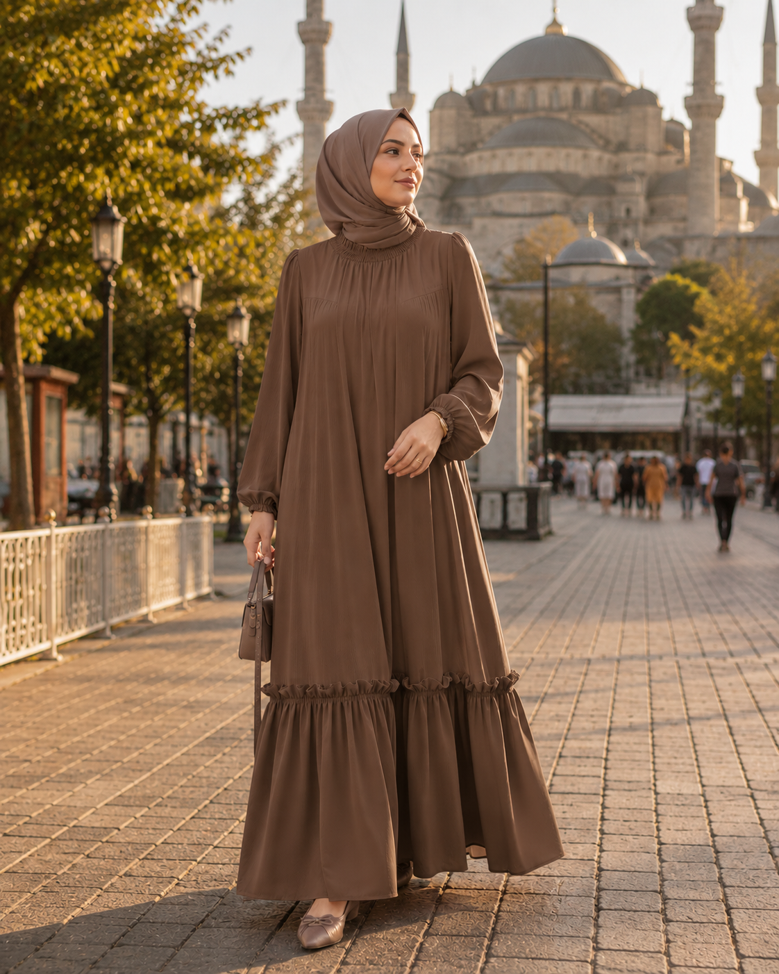 Abaya Longue Élégante à Volants — Col Rond Manches Longues | Rose, Bleu, Marron | Mode Modest