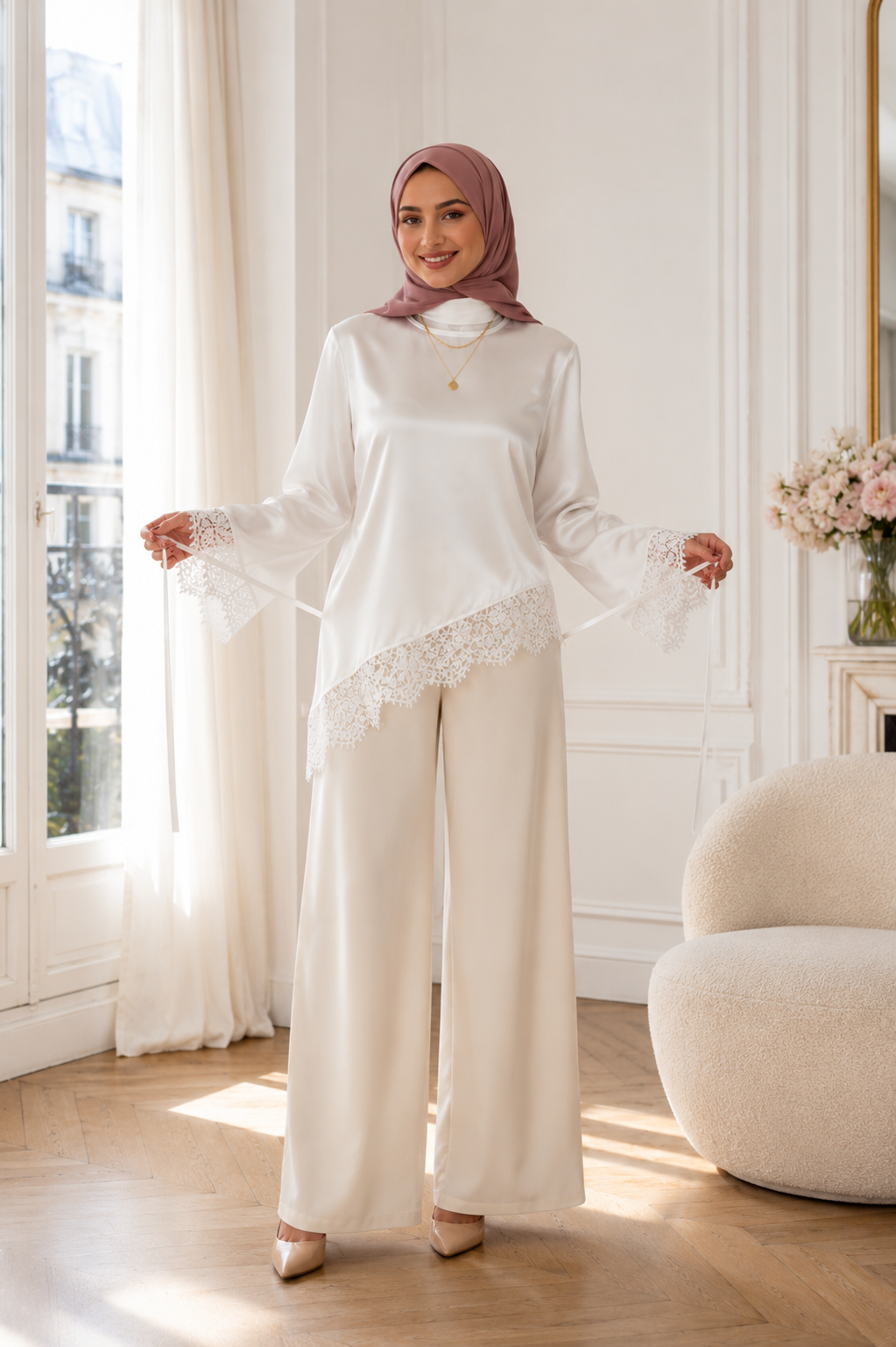 Haut Élégant Dentelle Patchwork Lacets — Manches Longues | Blanc, Noir | Style Modest Chic