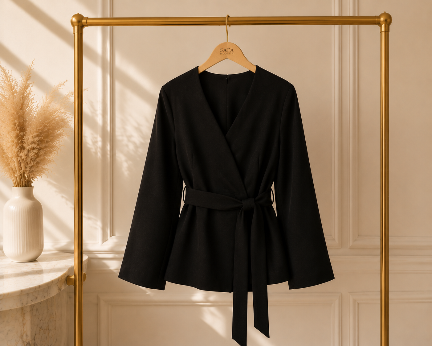 Haut Cache-Cœur Ceinturé Manches Ballon — Blanc, Noir, Bordeaux | Style Modest Chic