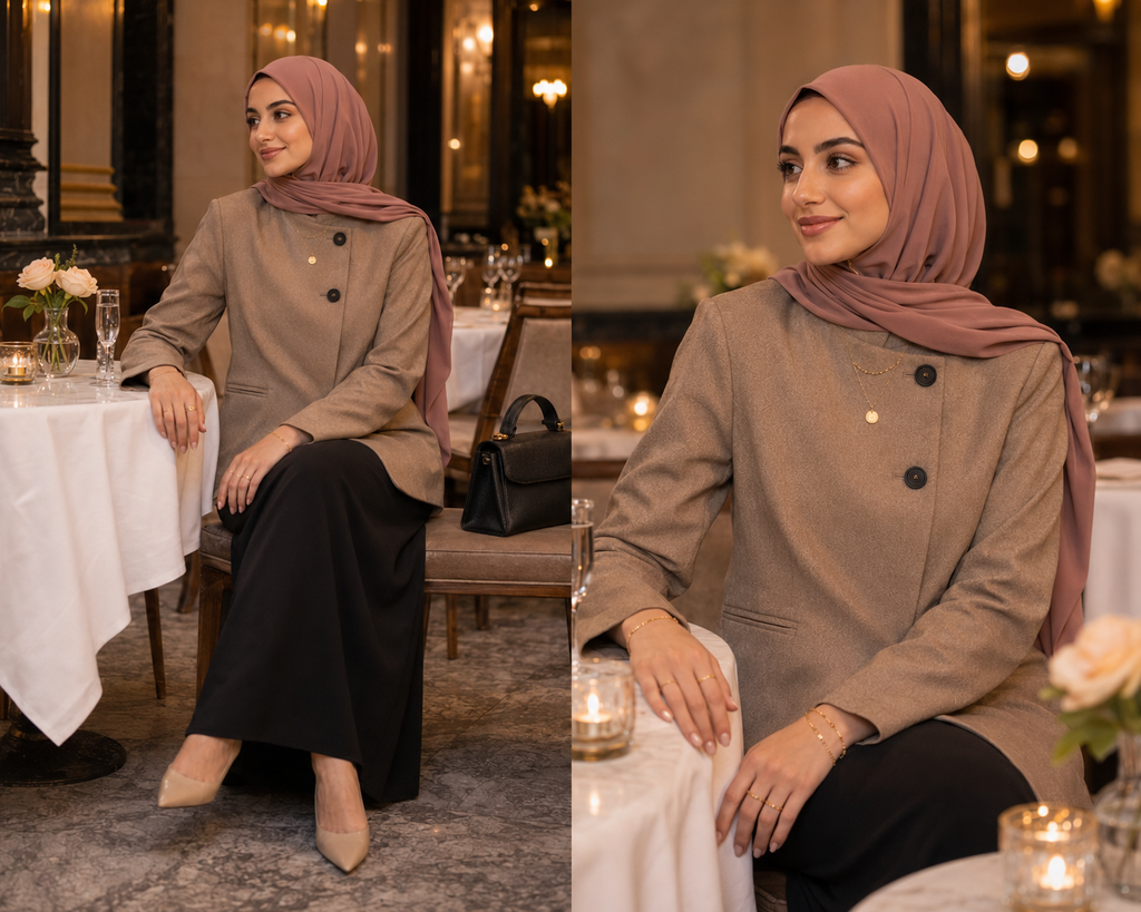 Blazer Élégant Col Montant Bouton Unique — Veste Chic Modest | Taupe , Noir