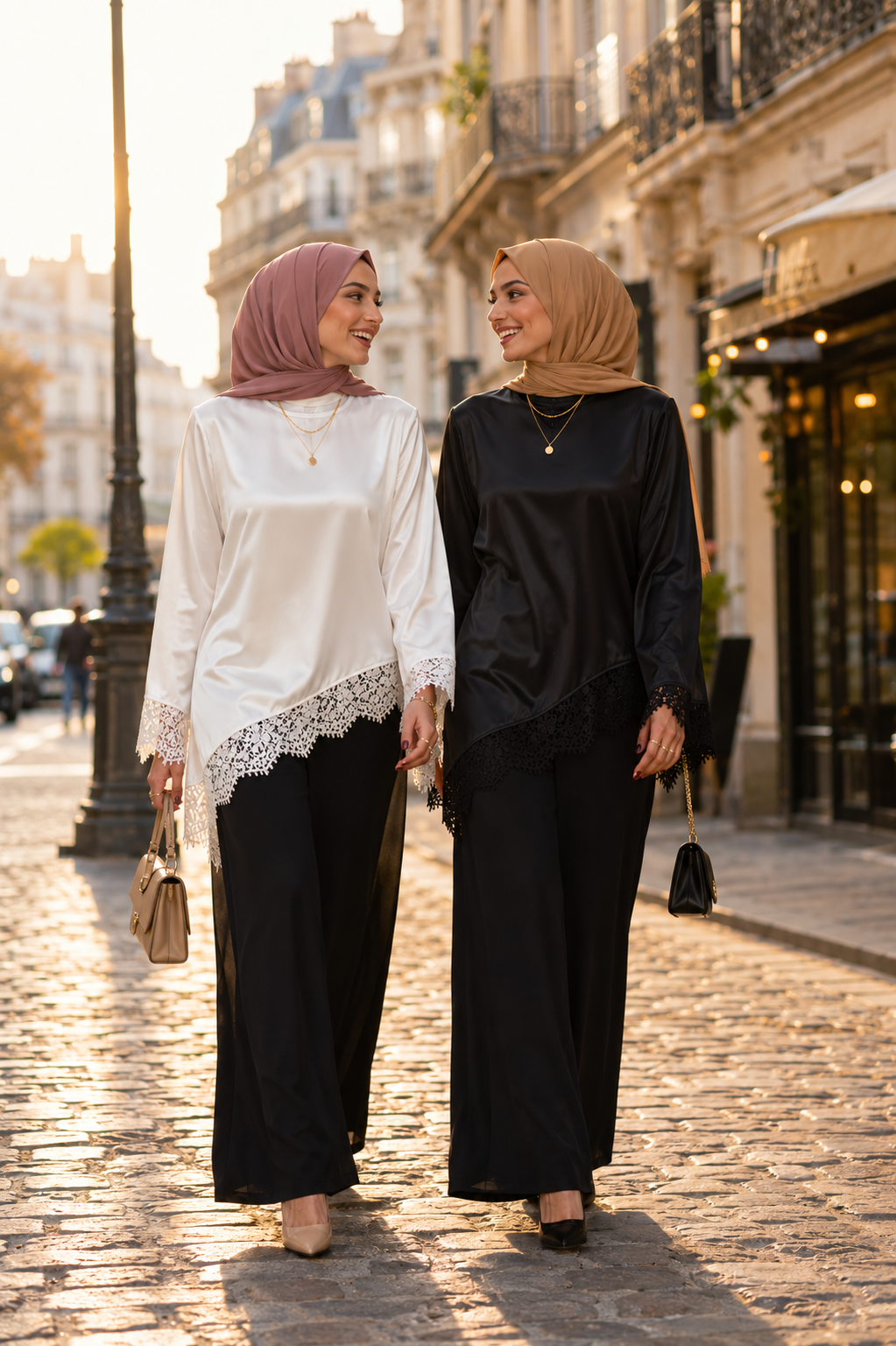 Haut Élégant Dentelle Patchwork Lacets — Manches Longues | Blanc, Noir | Style Modest Chic