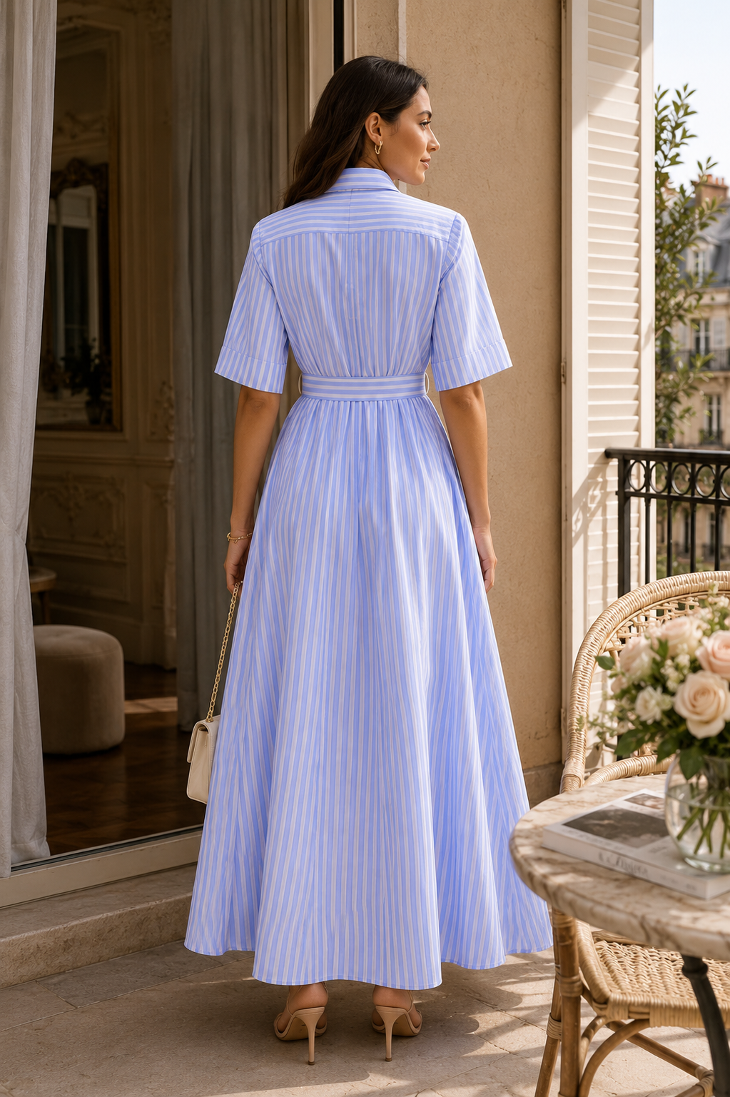 Robe Chemise Longue Rayée Ceinturée — Élégance Intemporelle | Bleu Rayé | Safa Modesty