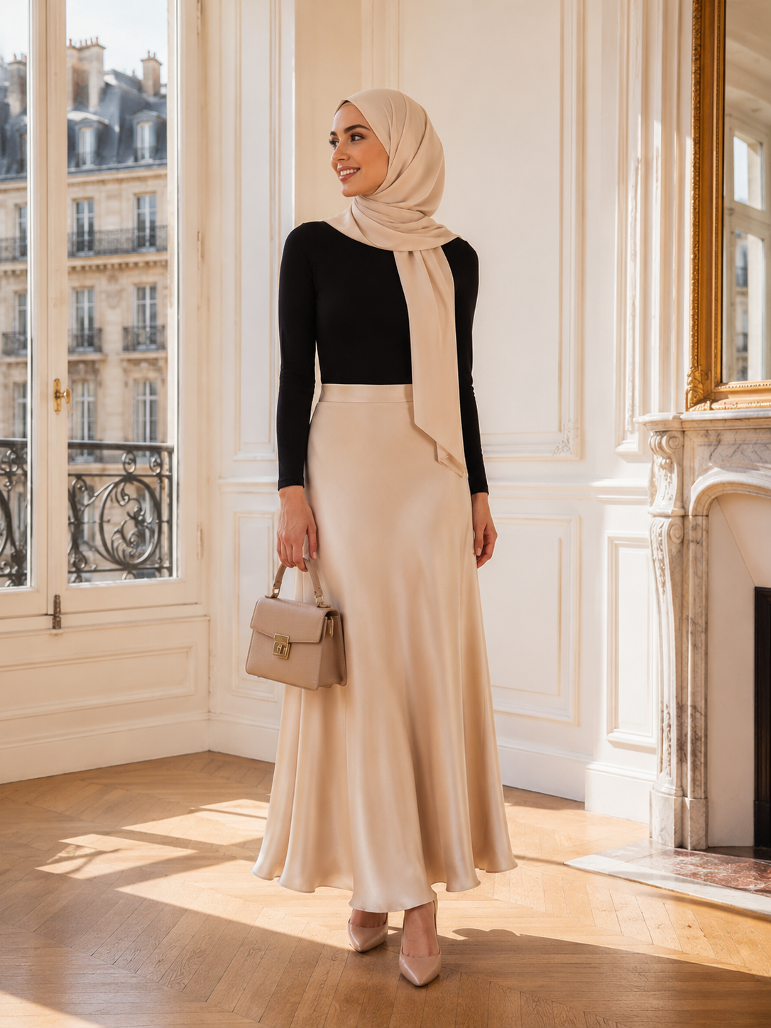 jupe longue satinée, jupe évasée femme, jupe modest fashion, jupe fishtail, jupe satin femme voilée, jupe longue élégante, jupe musulmane, jupe tendance 2025