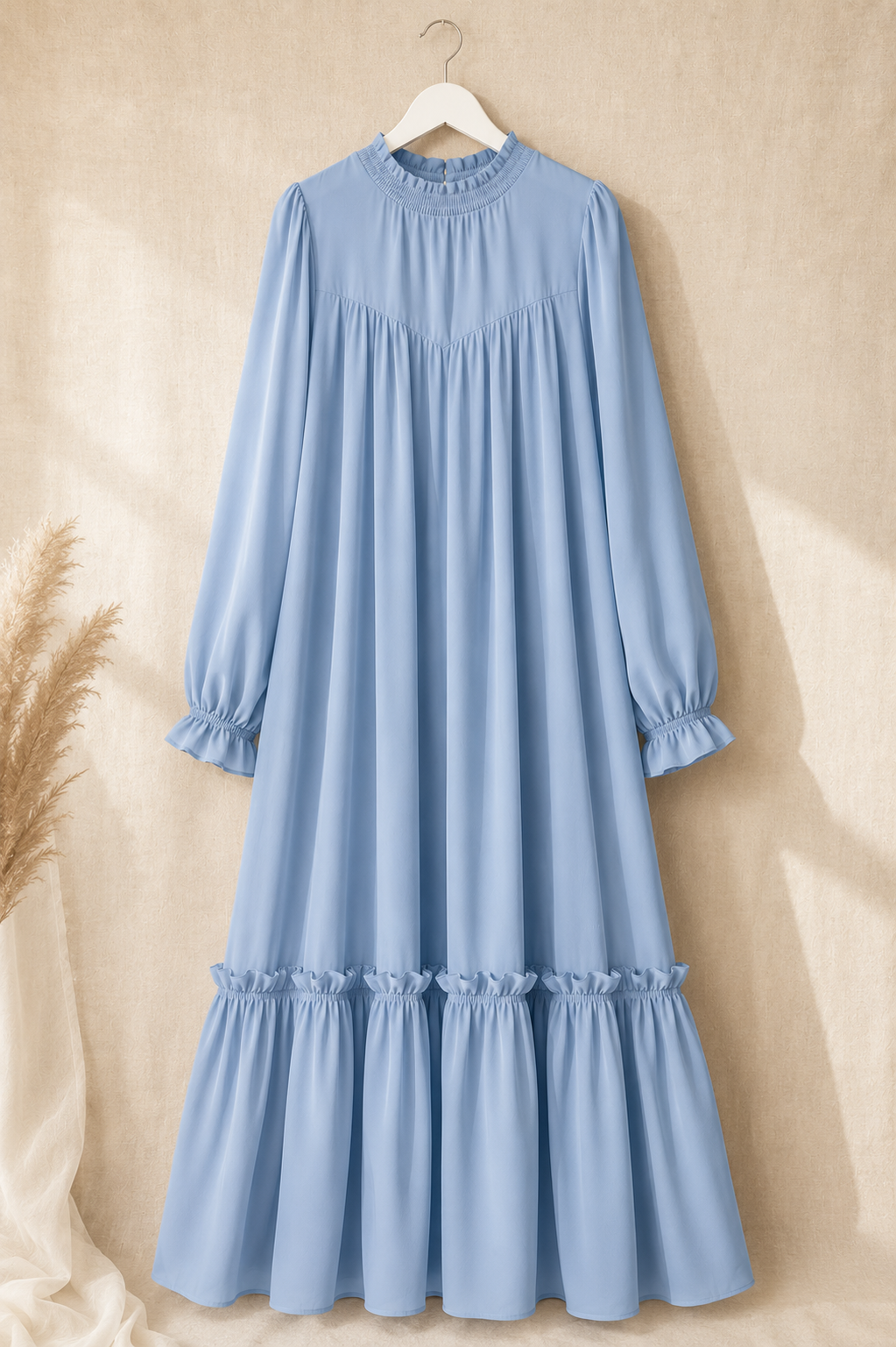 Abaya Longue Élégante à Volants — Col Rond Manches Longues | Rose, Bleu, Marron | Mode Modest