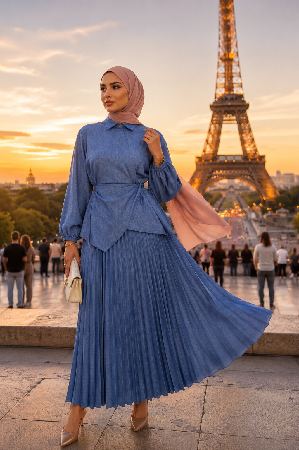 Ensemble 2 Pièces Élégant — Top Noué Col Chemise & Jupe Plissée Maxi | Bleu, Beige, Violet