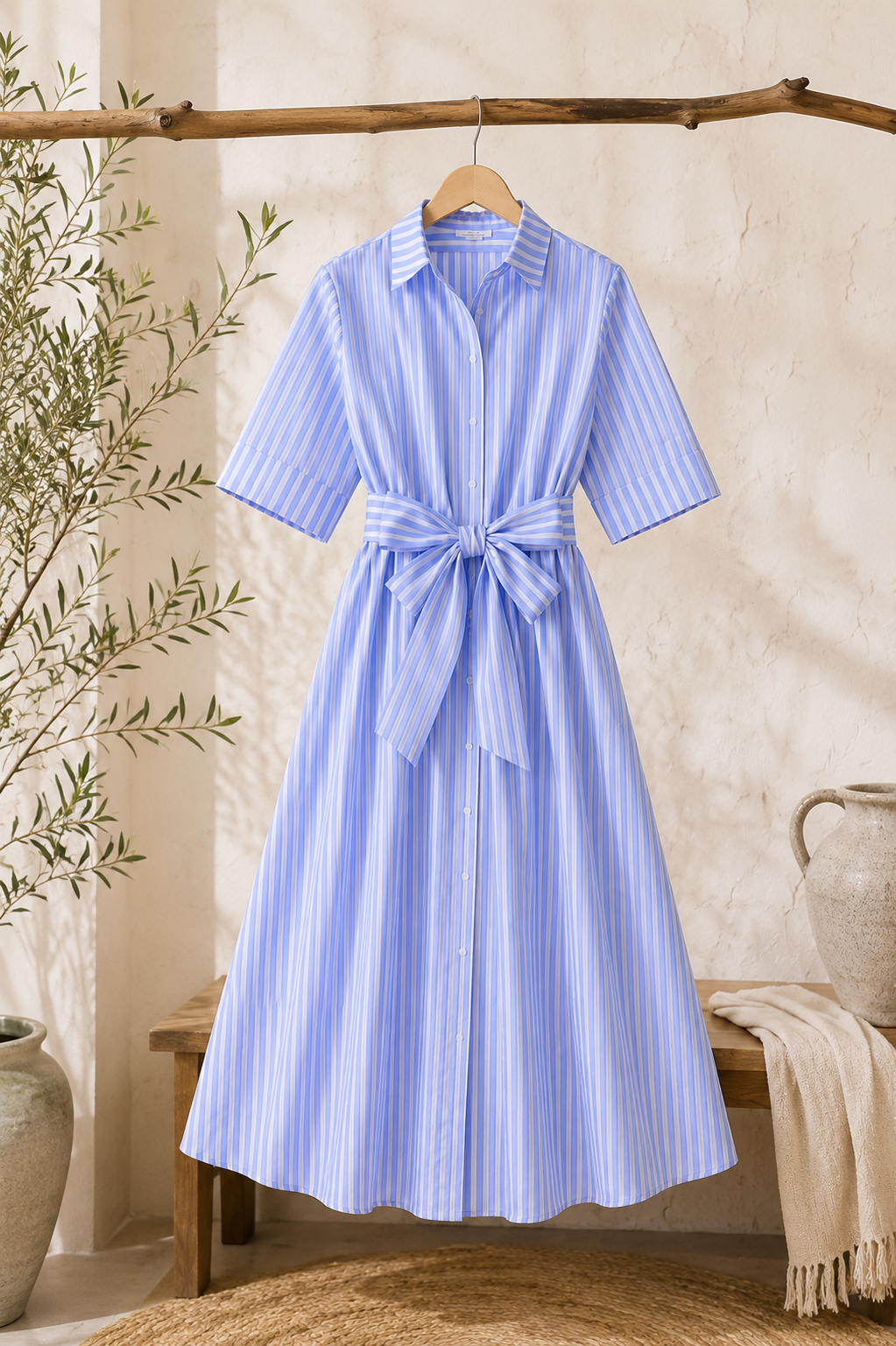 Robe Chemise Longue Rayée Ceinturée — Élégance Intemporelle | Bleu Rayé | Safa Modesty