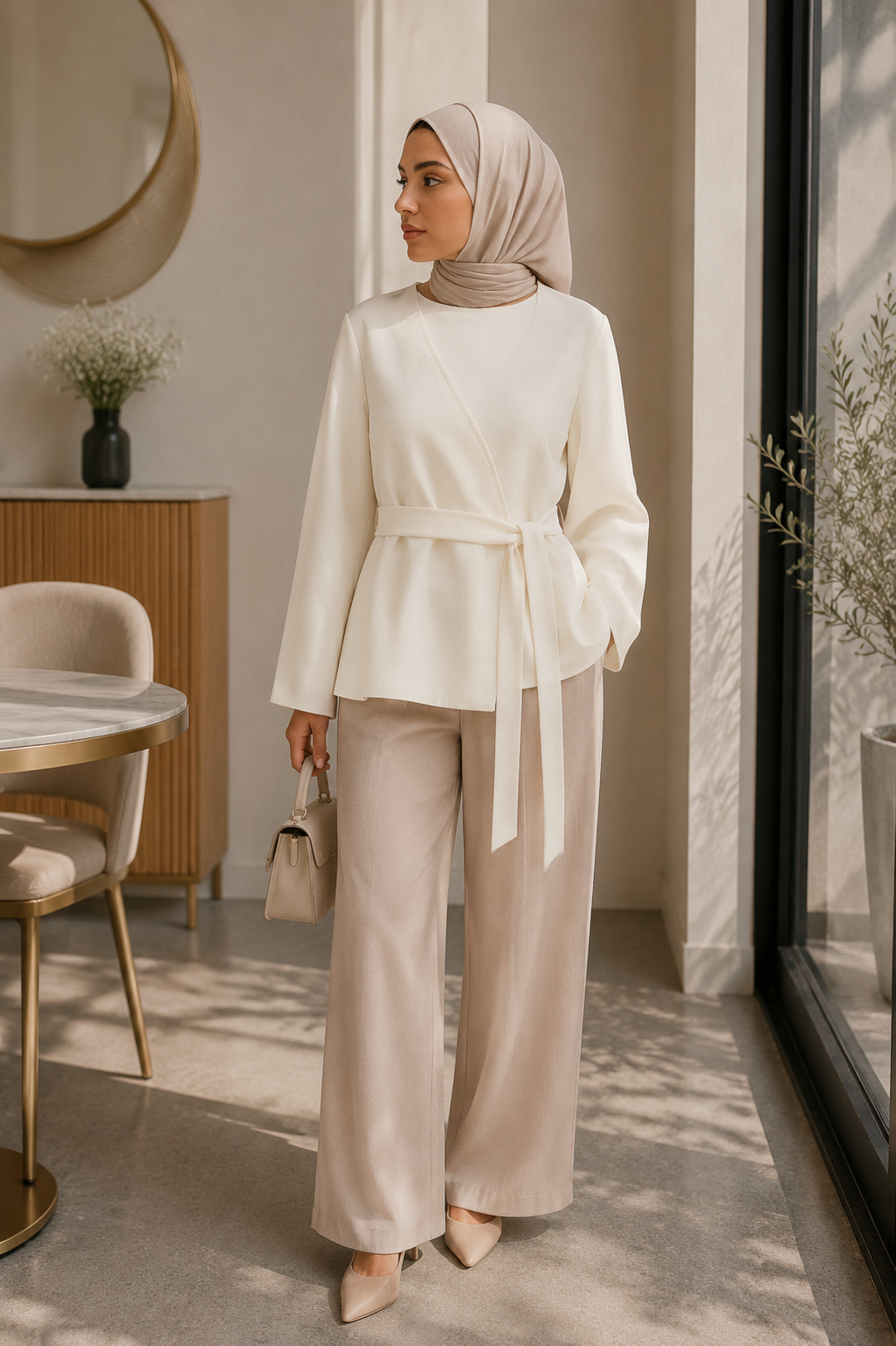 Haut Cache-Cœur Ceinturé Manches Ballon — Blanc, Noir, Bordeaux | Style Modest Chic