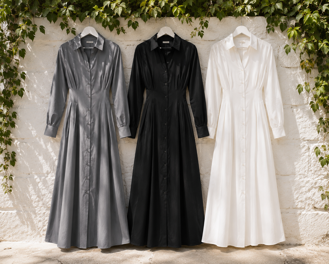Robe Chemise Maxi Boutonnée — Manches Longues Col Chemise | Gris, Noir, Blanc | Modest Chic