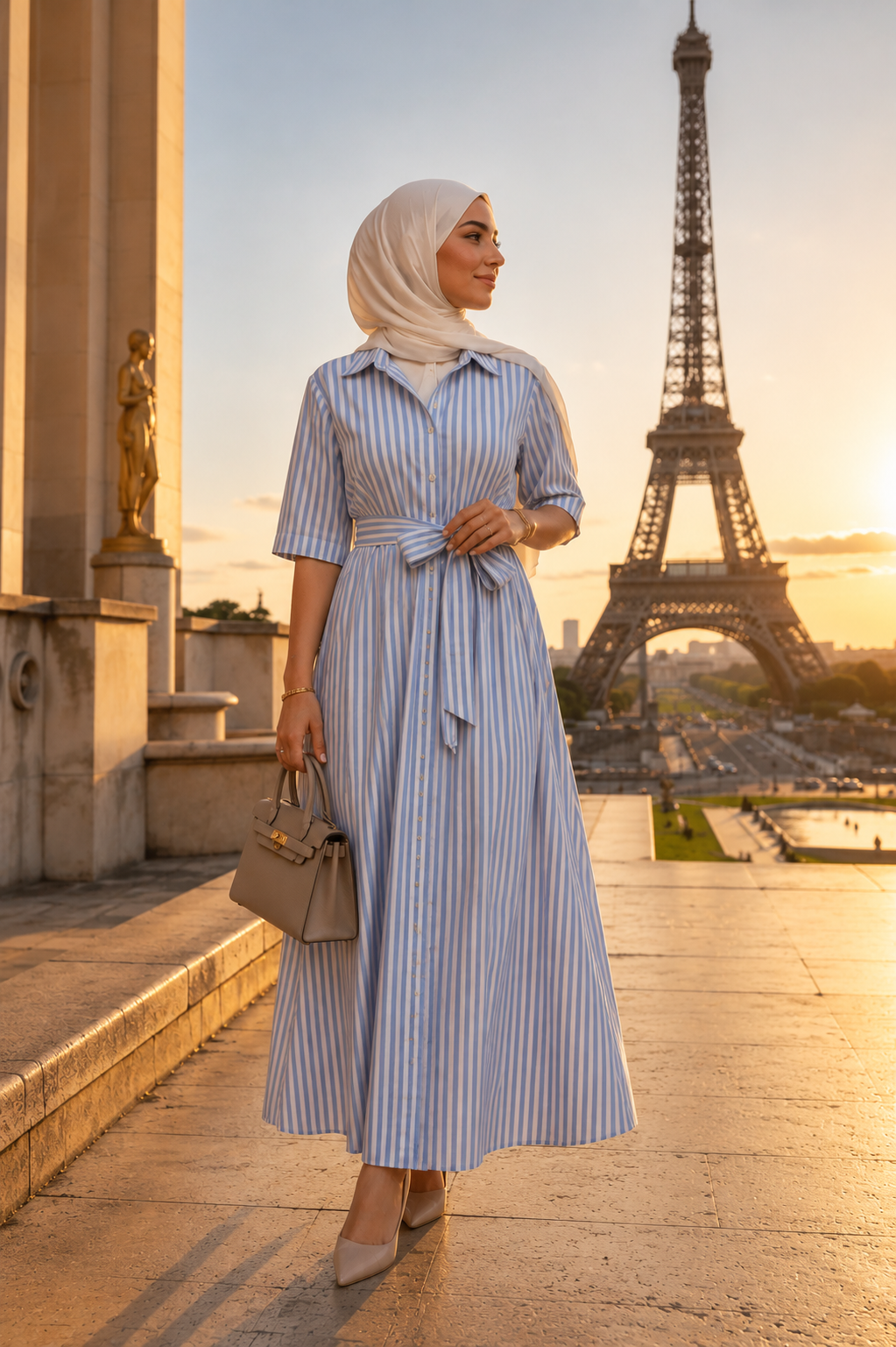 Robe Chemise Longue Rayée Ceinturée — Élégance Intemporelle | Bleu Rayé | Safa Modesty