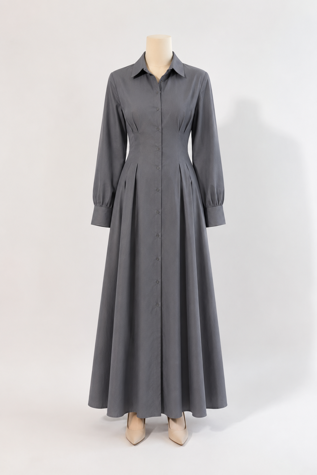 Robe Chemise Maxi Boutonnée — Manches Longues Col Chemise | Gris, Noir, Blanc | Modest Chic
