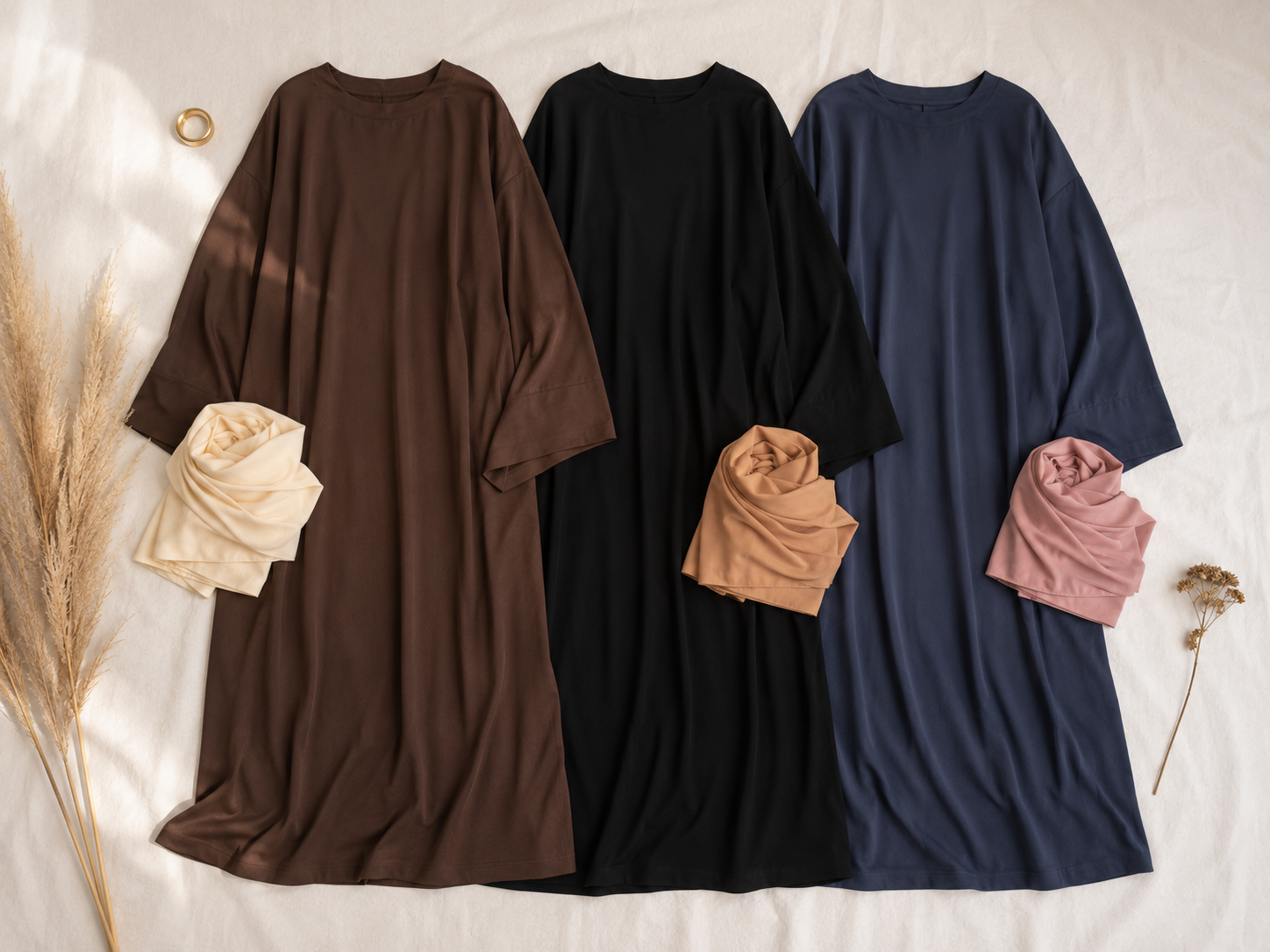 Abaya Longue Ample Couleur Unie — Manches Longues Coupe Décontractée | Noir, Marron, Beige