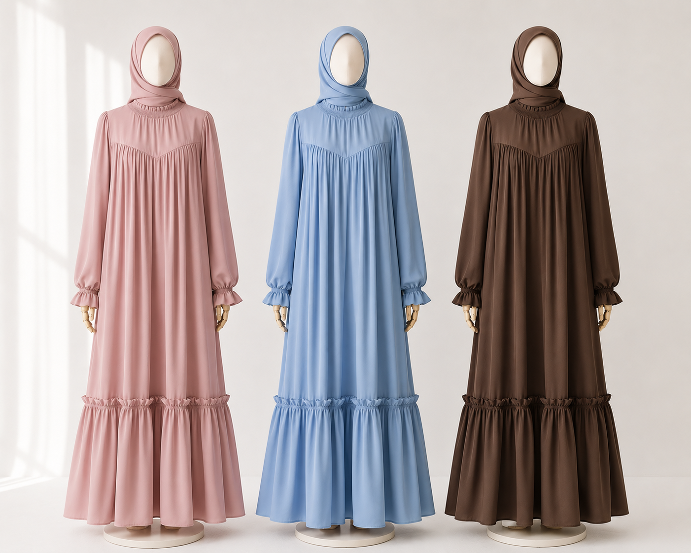 Abaya Longue Élégante à Volants — Col Rond Manches Longues | Rose, Bleu, Marron | Mode Modest