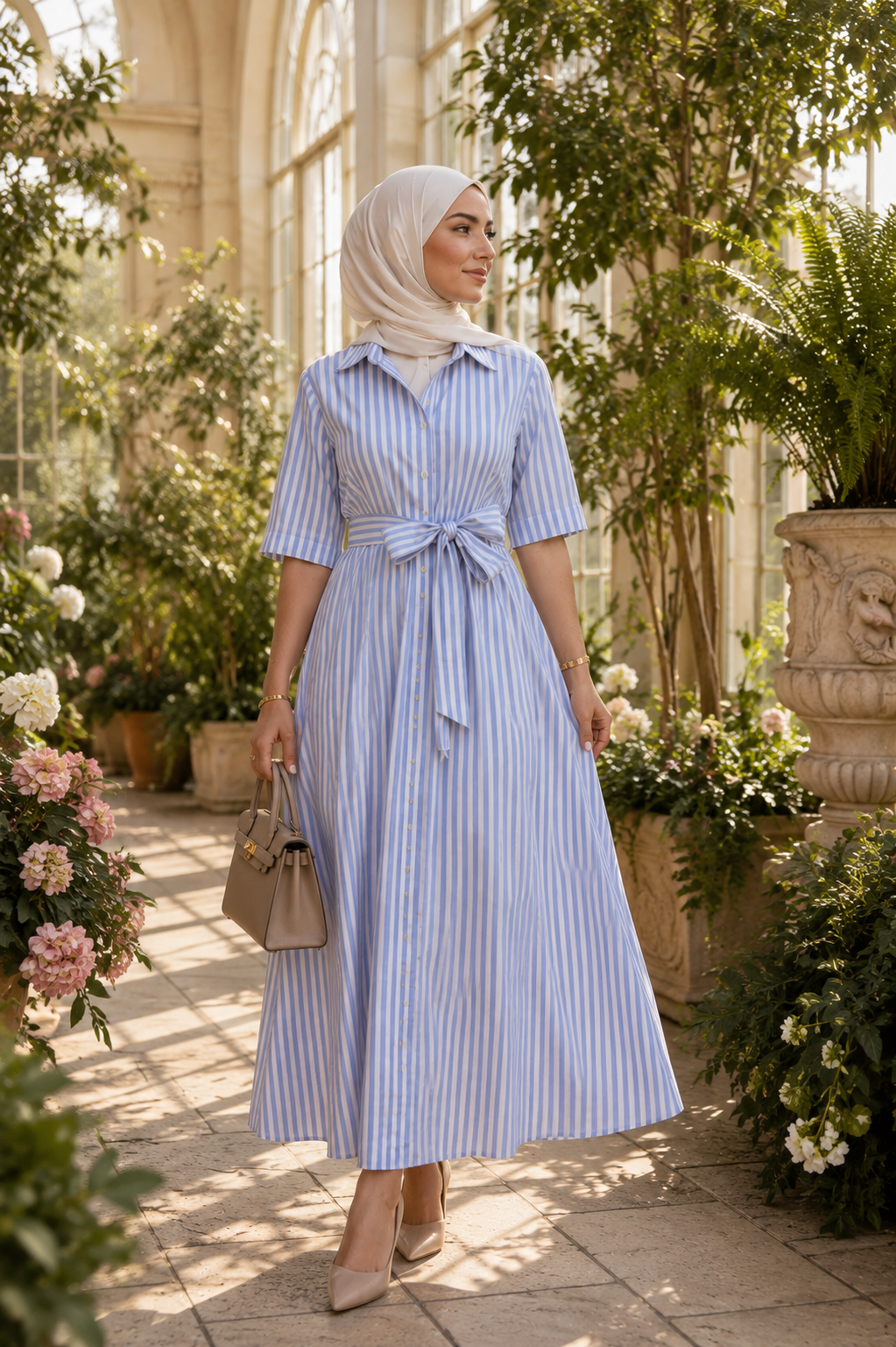 Robe Chemise Longue Rayée Ceinturée — Élégance Intemporelle | Bleu Rayé | Safa Modesty