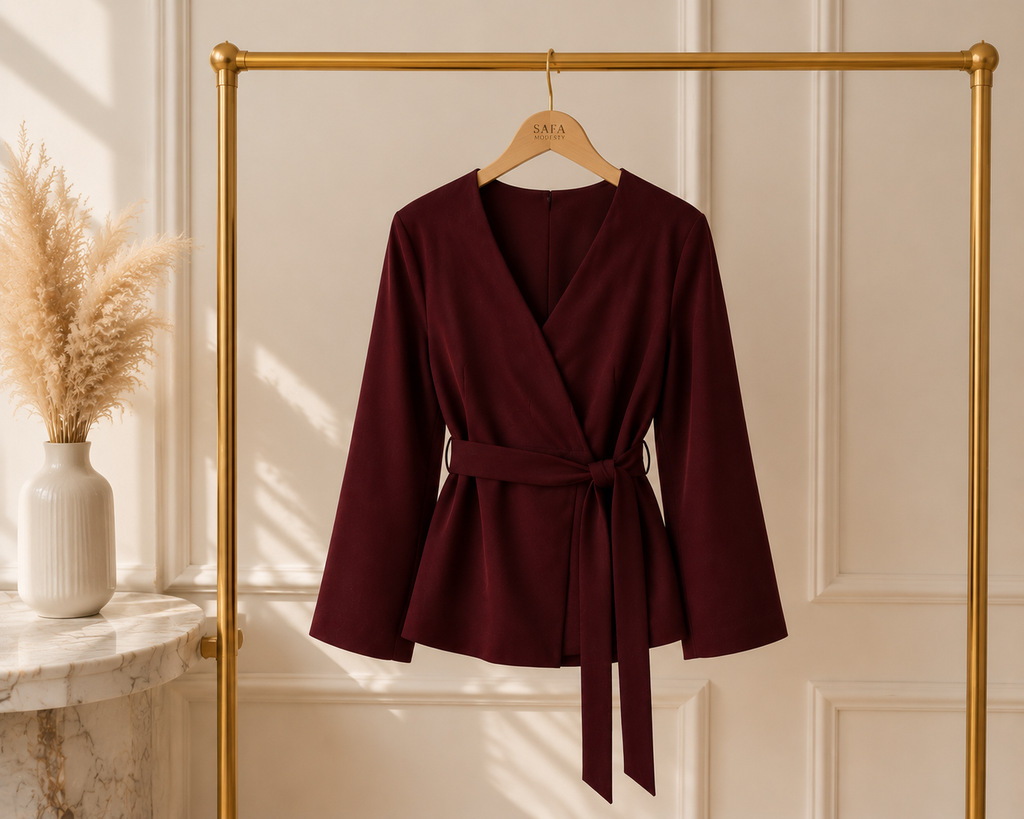 Haut Cache-Cœur Ceinturé Manches Ballon — Blanc, Noir, Bordeaux | Style Modest Chic