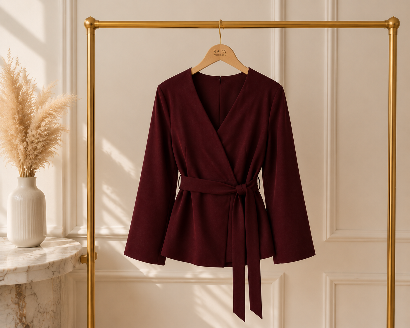 Haut Cache-Cœur Ceinturé Manches Ballon — Blanc, Noir, Bordeaux | Style Modest Chic