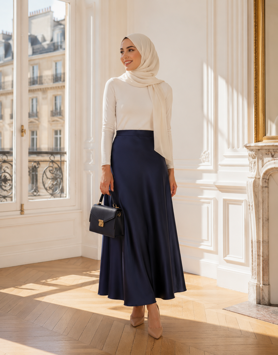 jupe longue satinée, jupe évasée femme, jupe modest fashion, jupe fishtail, jupe satin femme voilée, jupe longue élégante, jupe musulmane, jupe tendance 2025