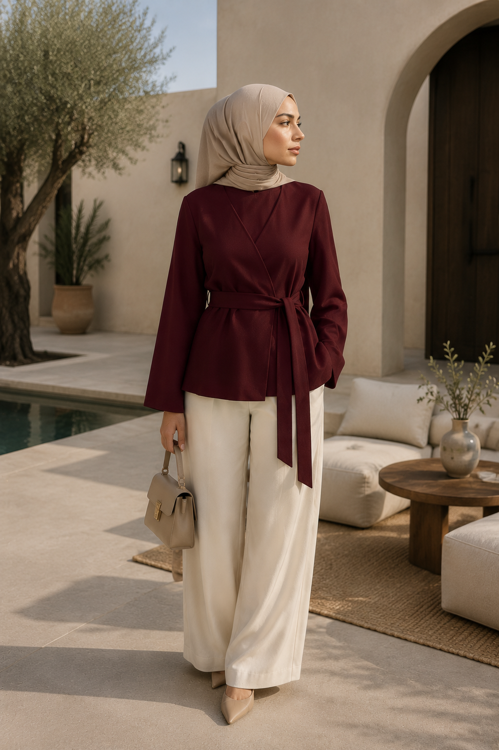 Haut Cache-Cœur Ceinturé Manches Ballon — Blanc, Noir, Bordeaux | Style Modest Chic