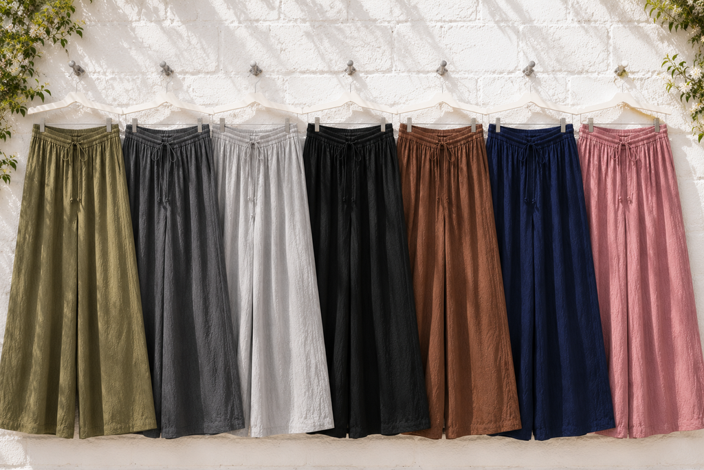 Pantalon Large Coton Lin — Taille Élastique Cordon | 7 Coloris | Style Modest Confort