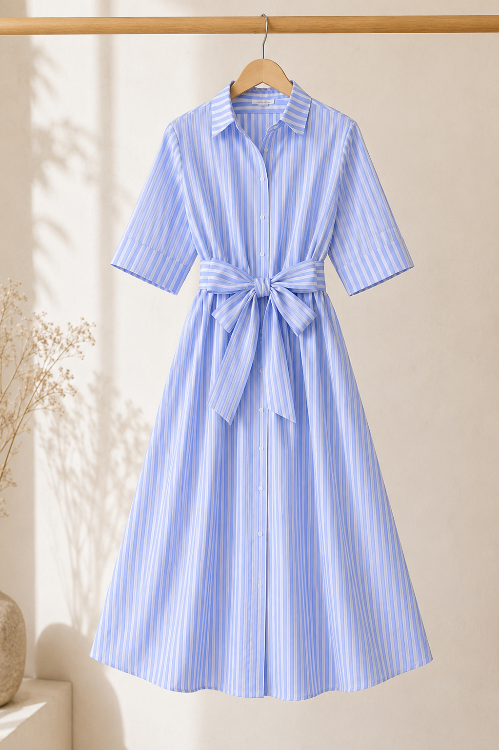 Robe Chemise Longue Rayée Ceinturée — Élégance Intemporelle | Bleu Rayé | Safa Modesty