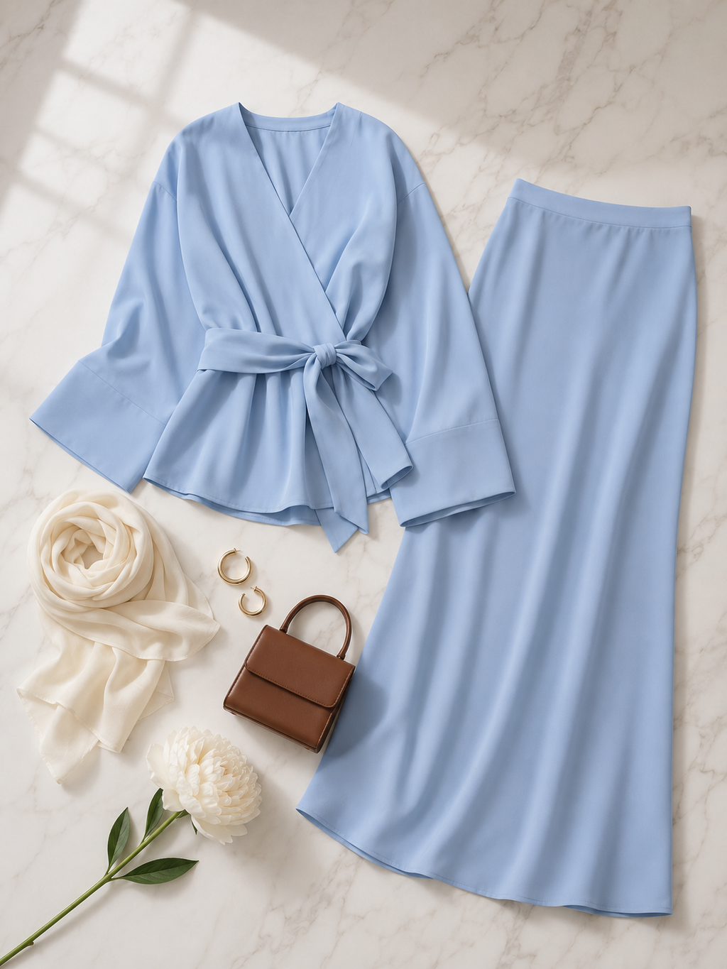 Ensemble 2 Pièces Élégant Bleu Ciel — Haut Ceinturé Manches Larges & Jupe Longue | Style Modest Chic