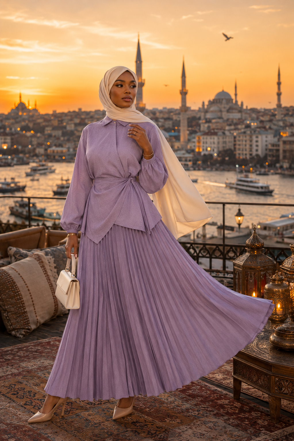 Ensemble 2 Pièces Élégant — Top Noué Col Chemise & Jupe Plissée Maxi | Bleu, Beige, Violet