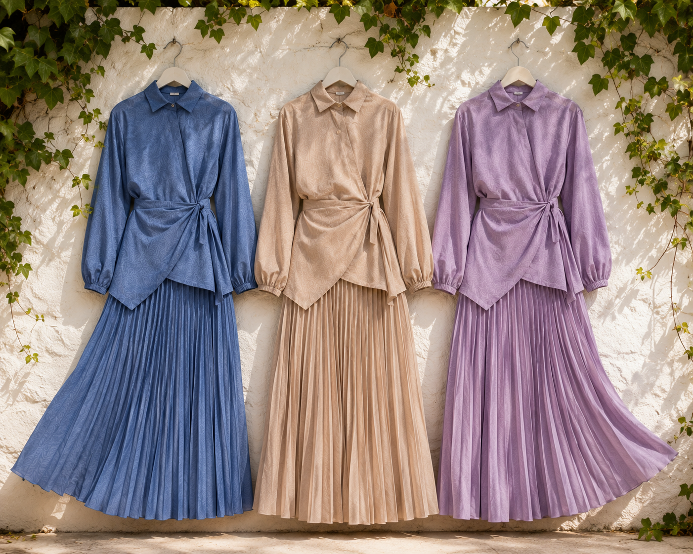 Ensemble 2 Pièces Élégant — Top Noué Col Chemise & Jupe Plissée Maxi | Bleu, Beige, Violet