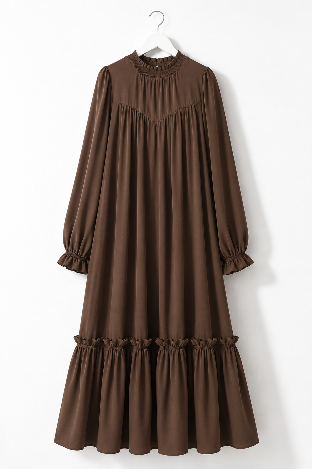 Abaya Longue Élégante à Volants — Col Rond Manches Longues | Rose, Bleu, Marron | Mode Modest