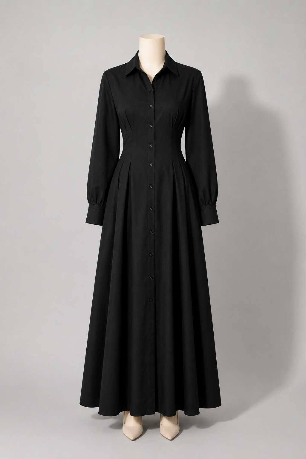 Robe Chemise Maxi Boutonnée — Manches Longues Col Chemise | Gris, Noir, Blanc | Modest Chic