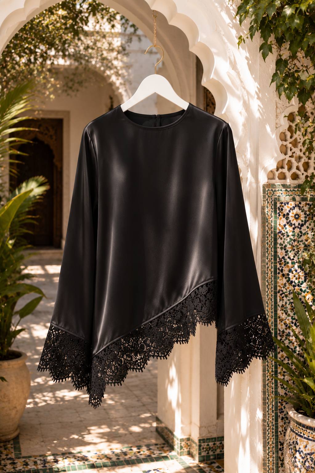 Haut Élégant Dentelle Patchwork Lacets — Manches Longues | Blanc, Noir | Style Modest Chic