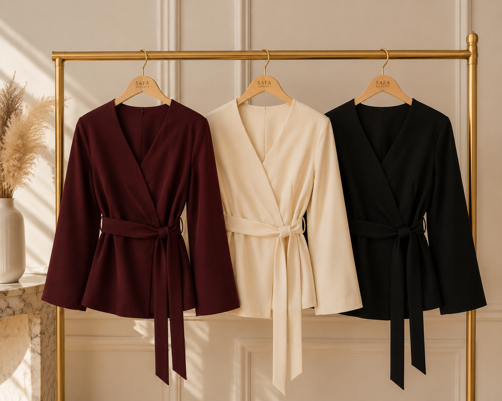Haut Cache-Cœur Ceinturé Manches Ballon — Blanc, Noir, Bordeaux | Style Modest Chic
