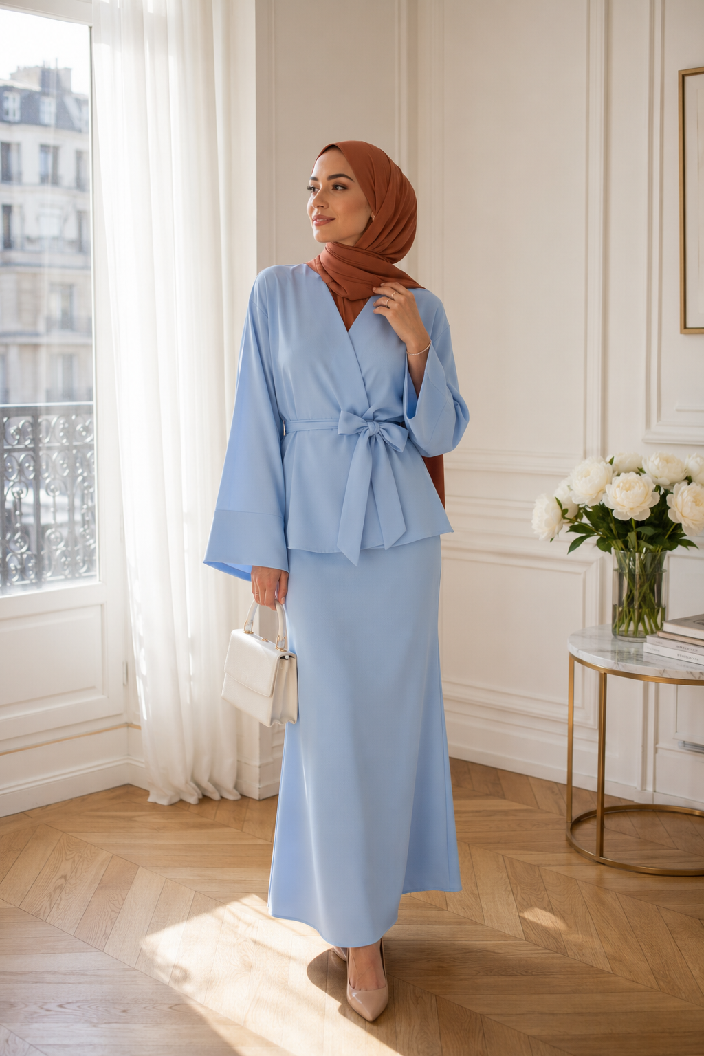 Ensemble 2 Pièces Élégant Bleu Ciel — Haut Ceinturé Manches Larges & Jupe Longue | Style Modest Chic