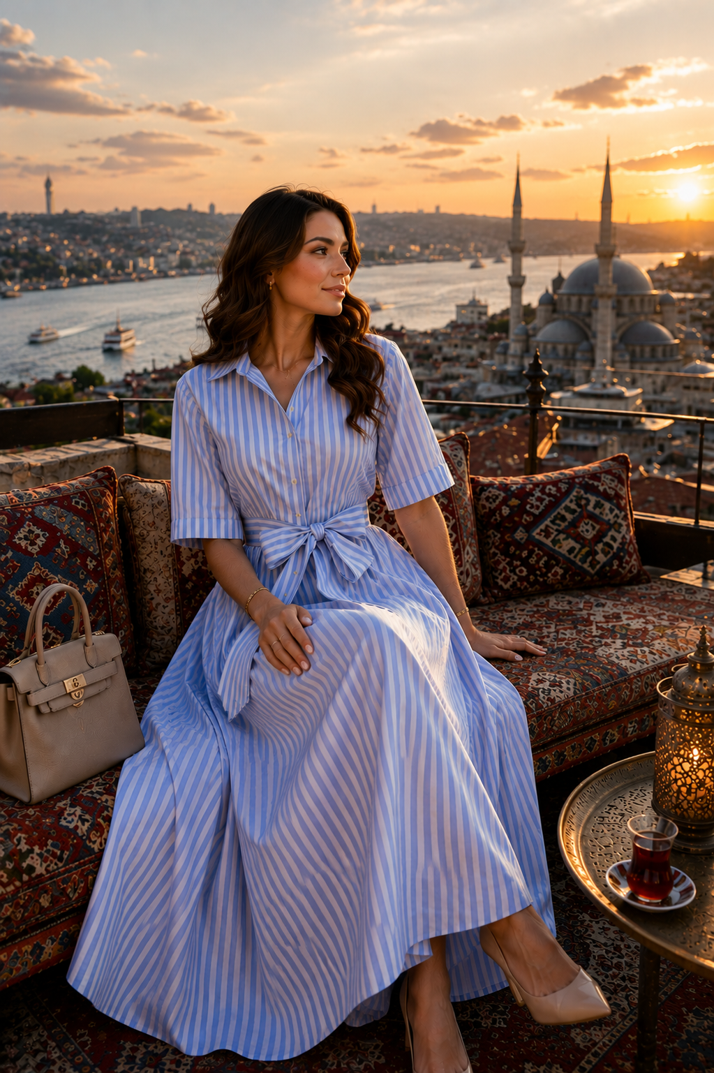 Robe Chemise Longue Rayée Ceinturée — Élégance Intemporelle | Bleu Rayé | Safa Modesty