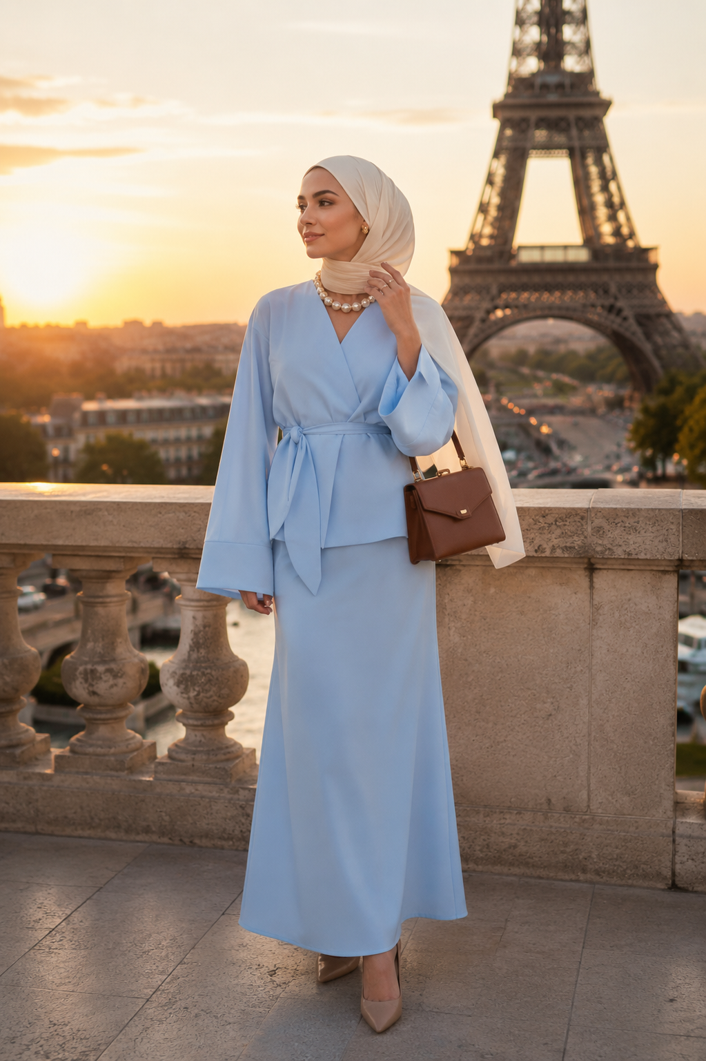 Ensemble 2 Pièces Élégant Bleu Ciel — Haut Ceinturé Manches Larges & Jupe Longue | Style Modest Chic