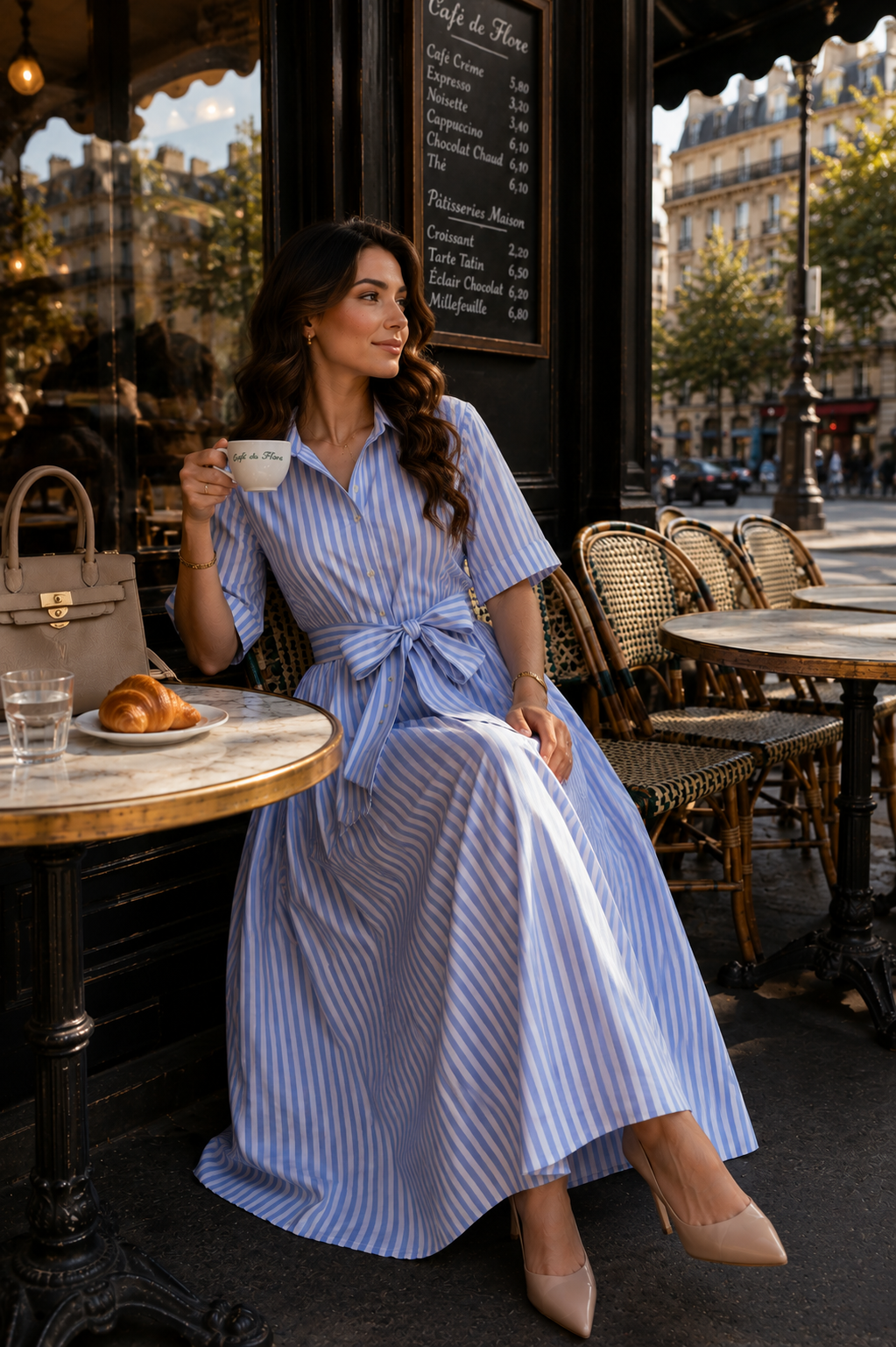 Robe Chemise Longue Rayée Ceinturée — Élégance Intemporelle | Bleu Rayé | Safa Modesty