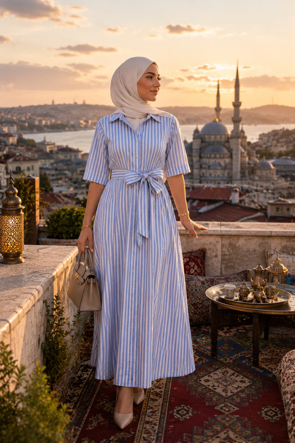 Robe Chemise Longue Rayée Ceinturée — Élégance Intemporelle | Bleu Rayé | Safa Modesty