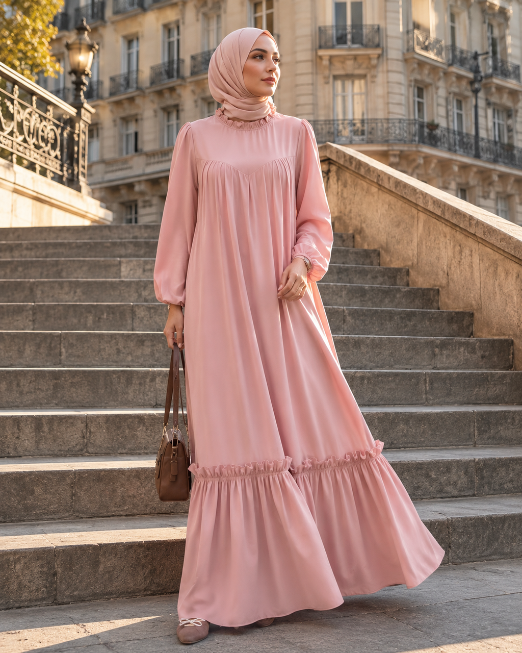 Abaya Longue Élégante à Volants — Col Rond Manches Longues | Rose, Bleu, Marron | Mode Modest