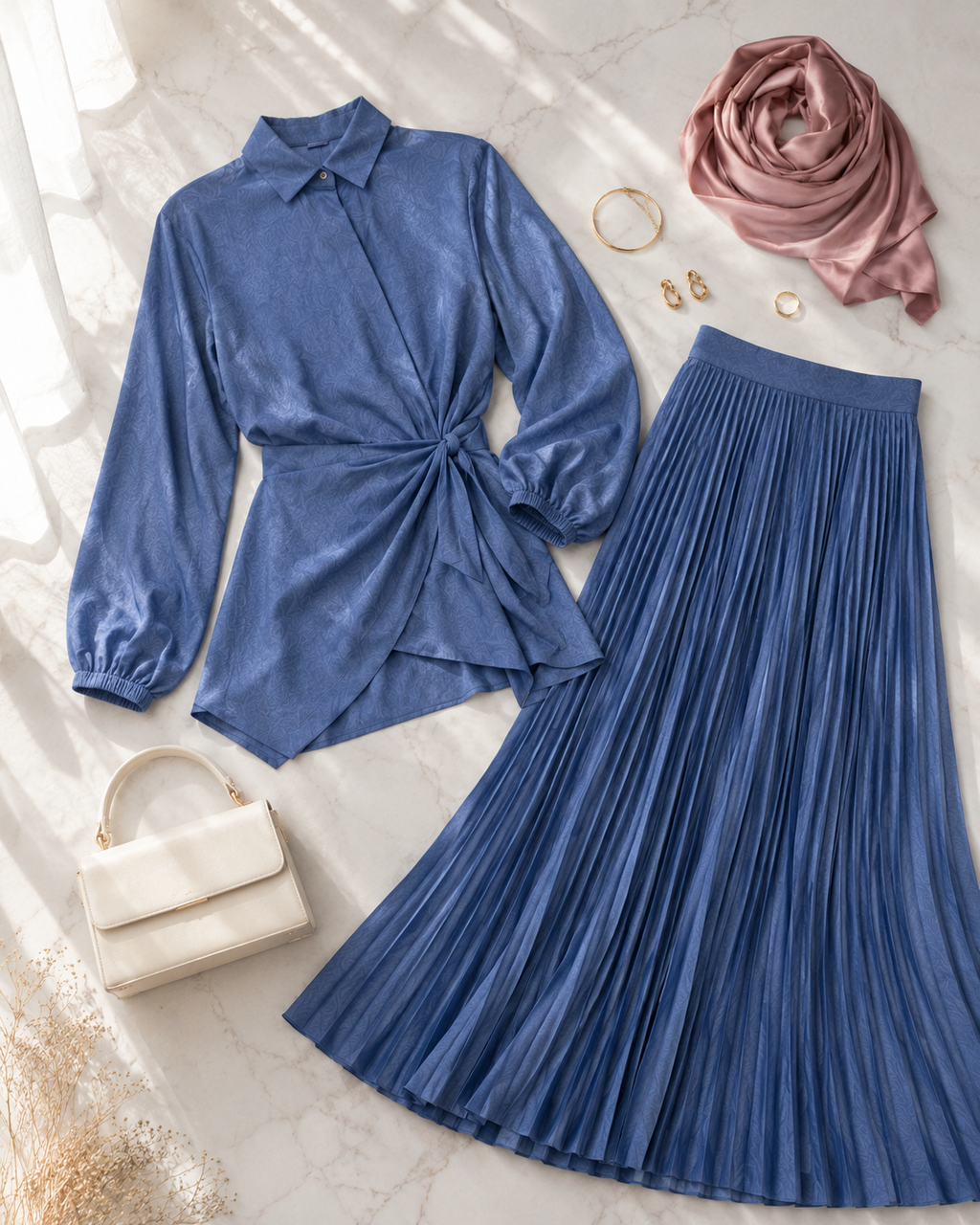 Ensemble 2 Pièces Élégant — Top Noué Col Chemise & Jupe Plissée Maxi | Bleu, Beige, Violet