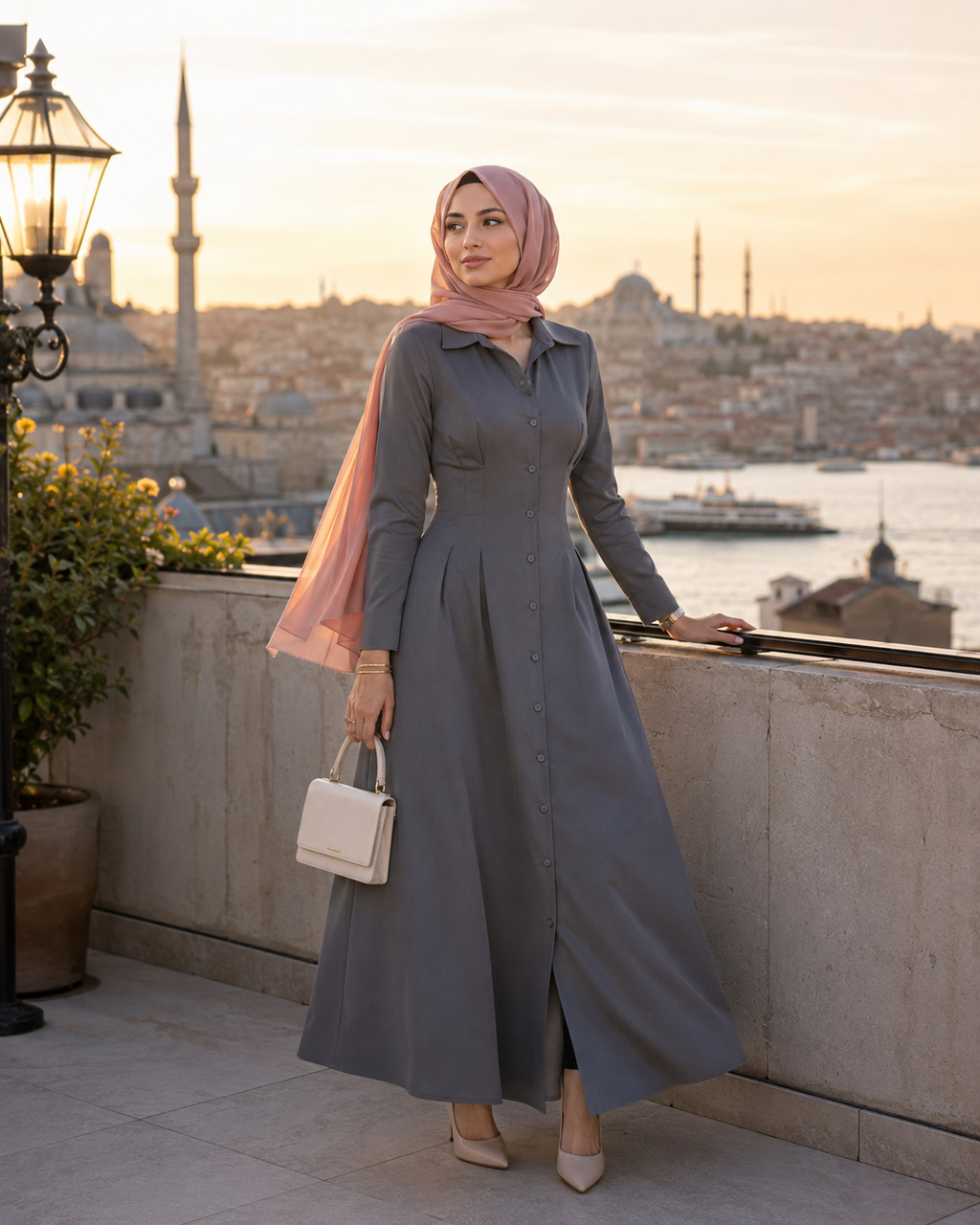 Robe Chemise Maxi Boutonnée — Manches Longues Col Chemise | Gris, Noir, Blanc | Modest Chic