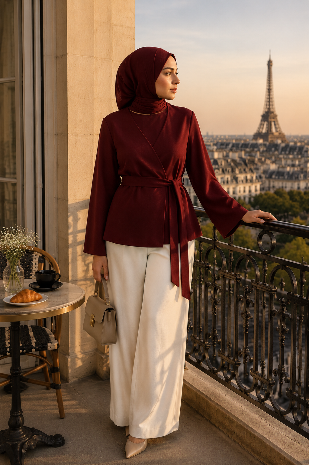 Haut Cache-Cœur Ceinturé Manches Ballon — Blanc, Noir, Bordeaux | Style Modest Chic
