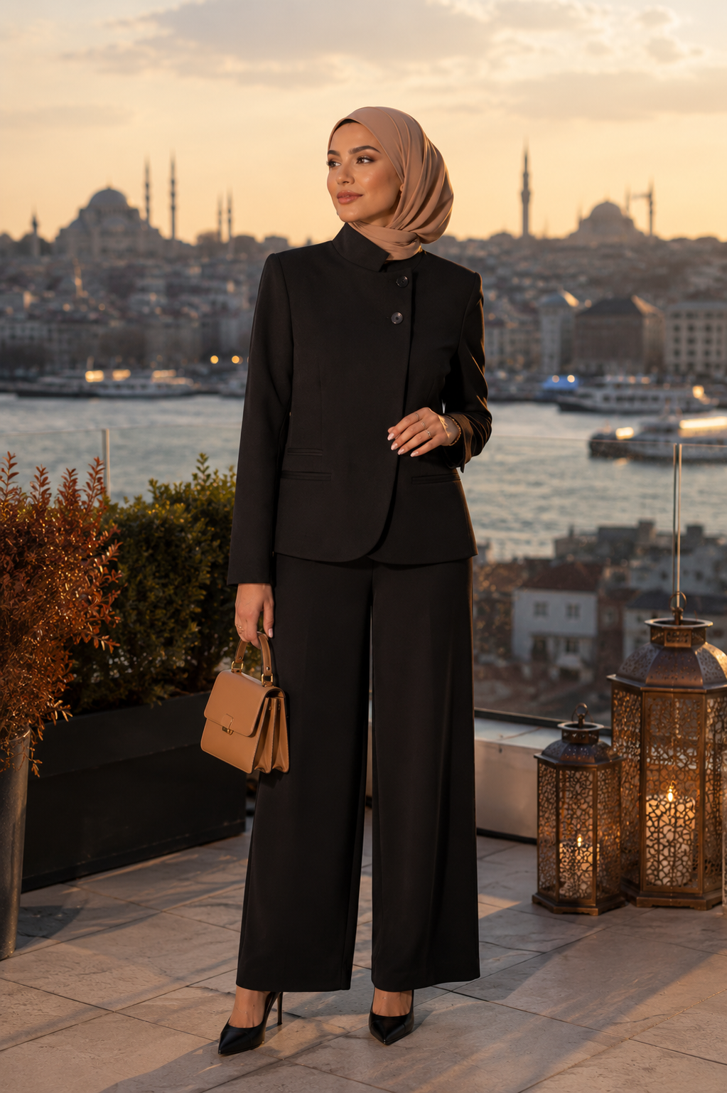 Blazer Élégant Col Montant Bouton Unique — Veste Chic Modest | Taupe , Noir
