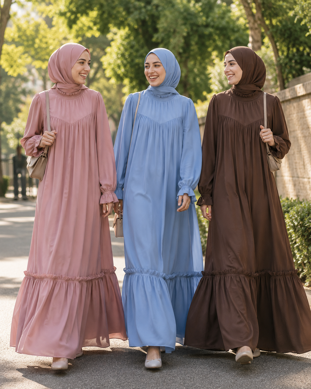 Abaya Longue Élégante à Volants — Col Rond Manches Longues | Rose, Bleu, Marron | Mode Modest