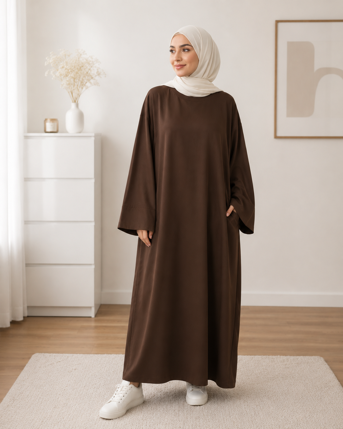 Abaya Longue Ample Couleur Unie — Manches Longues Coupe Décontractée | Noir, Marron, Beige