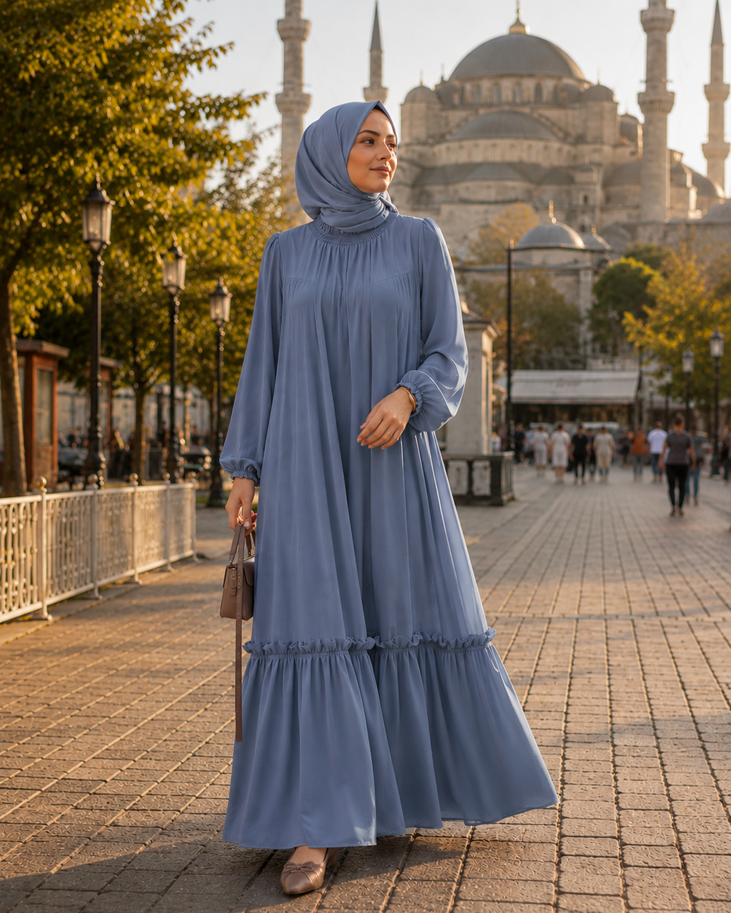 Abaya Longue Élégante à Volants — Col Rond Manches Longues | Rose, Bleu, Marron | Mode Modest
