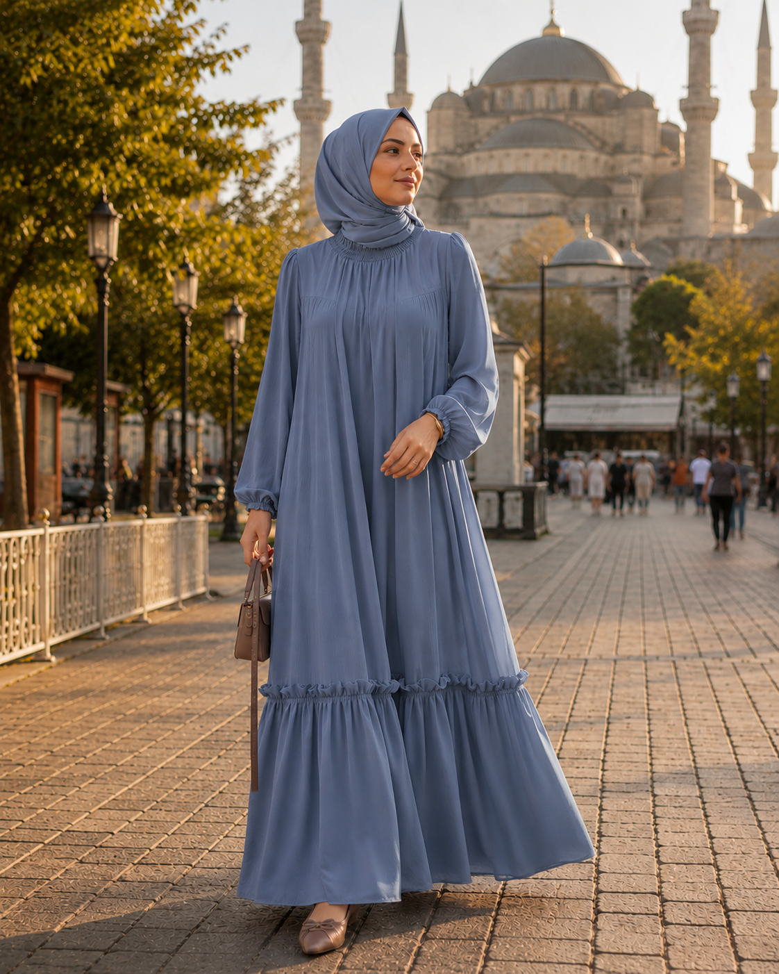 Abaya Longue Élégante à Volants — Col Rond Manches Longues | Rose, Bleu, Marron | Mode Modest