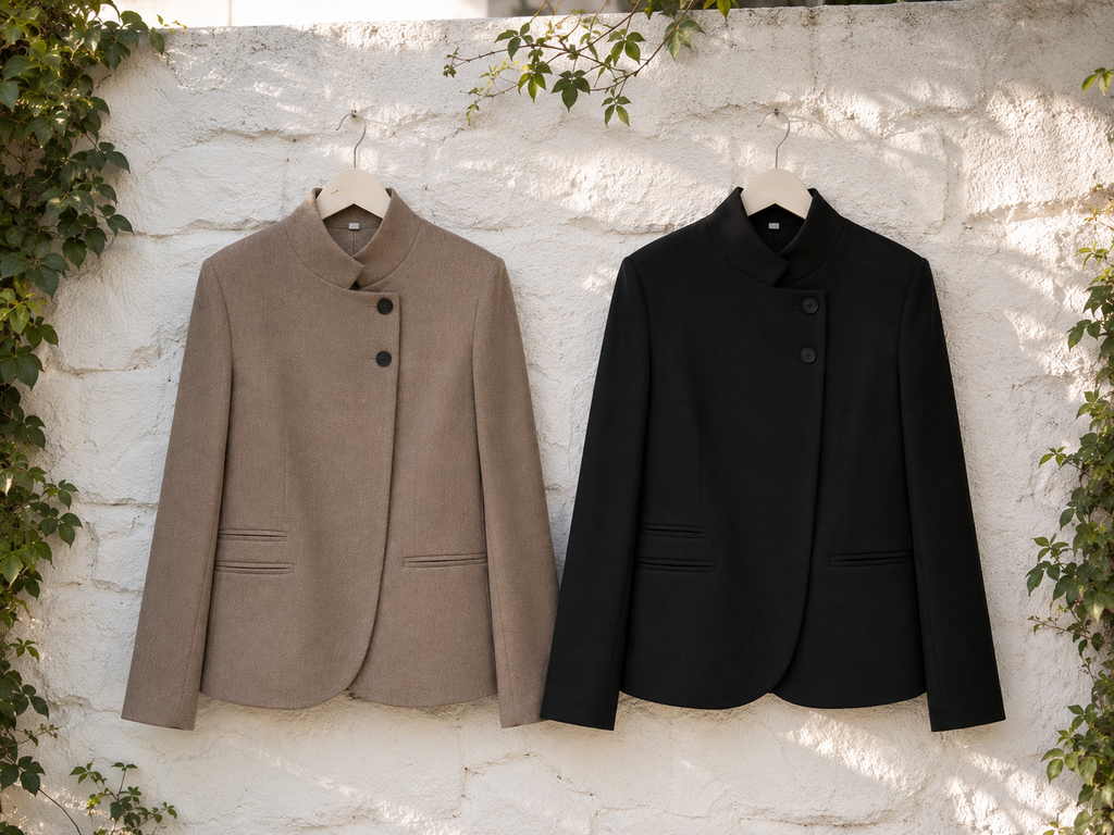 Blazer Élégant Col Montant Bouton Unique — Veste Chic Modest | Taupe , Noir