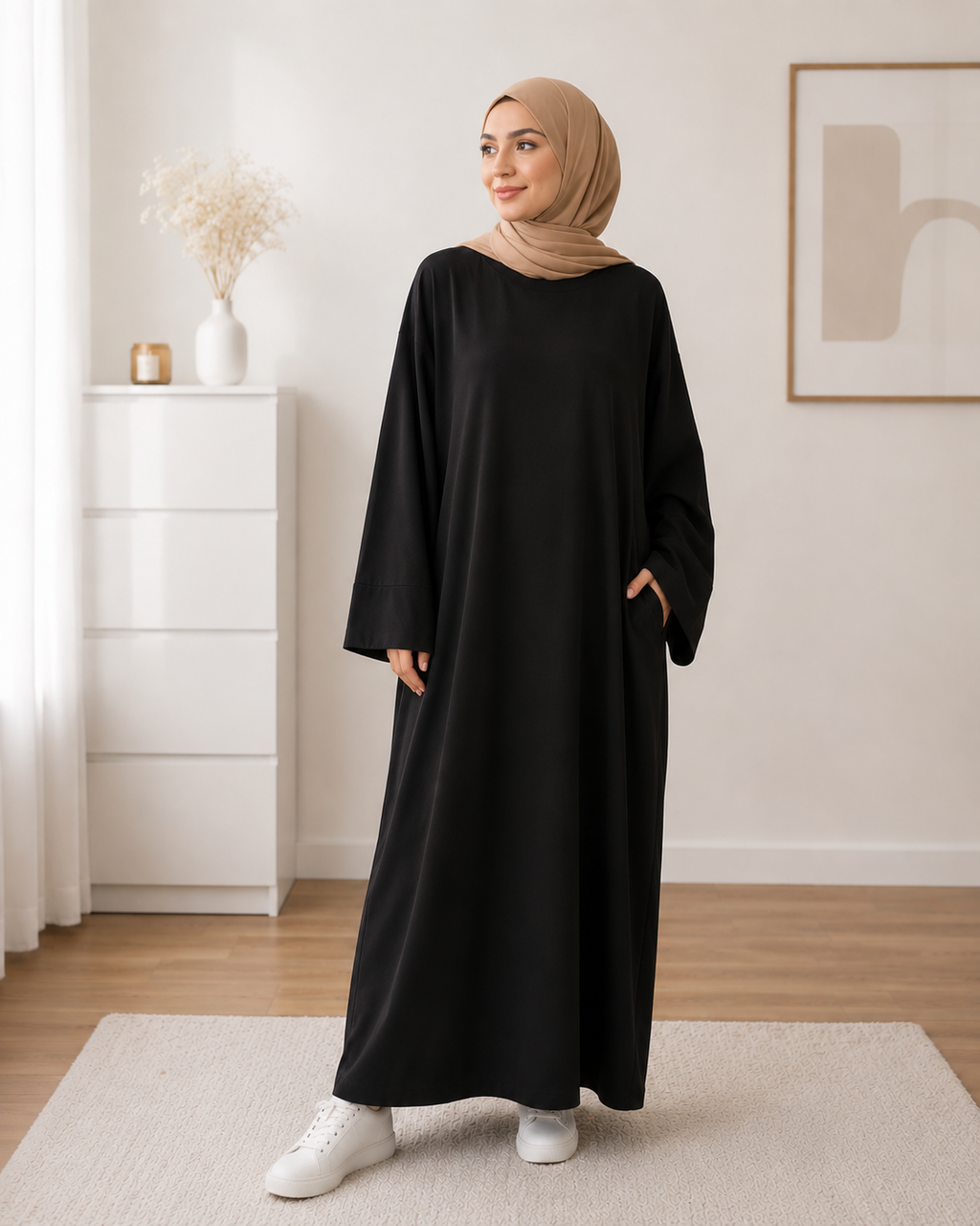 Abaya Longue Ample Couleur Unie — Manches Longues Coupe Décontractée | Noir, Marron, Beige