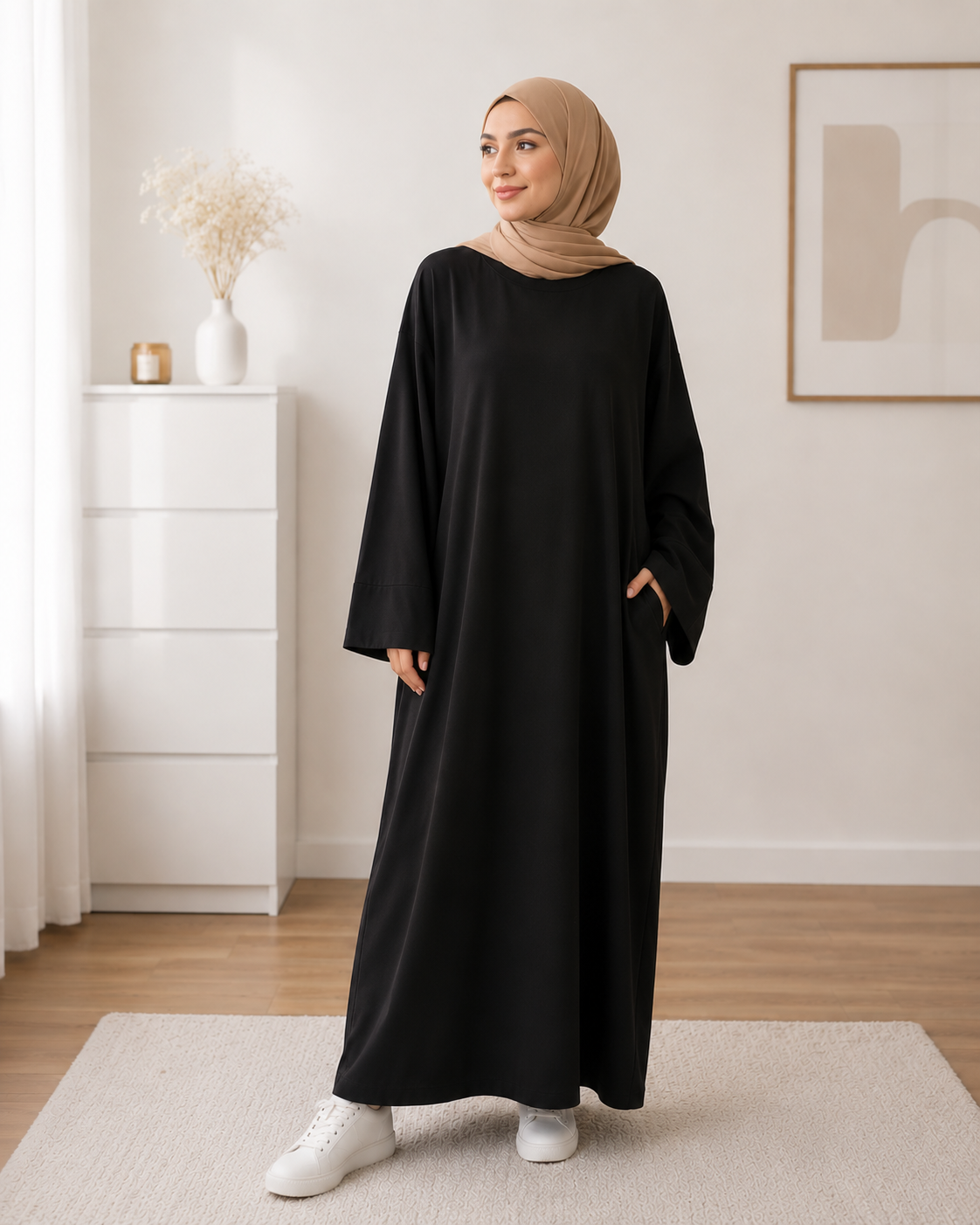 Abaya Longue Ample Couleur Unie — Manches Longues Coupe Décontractée | Noir, Marron, Beige