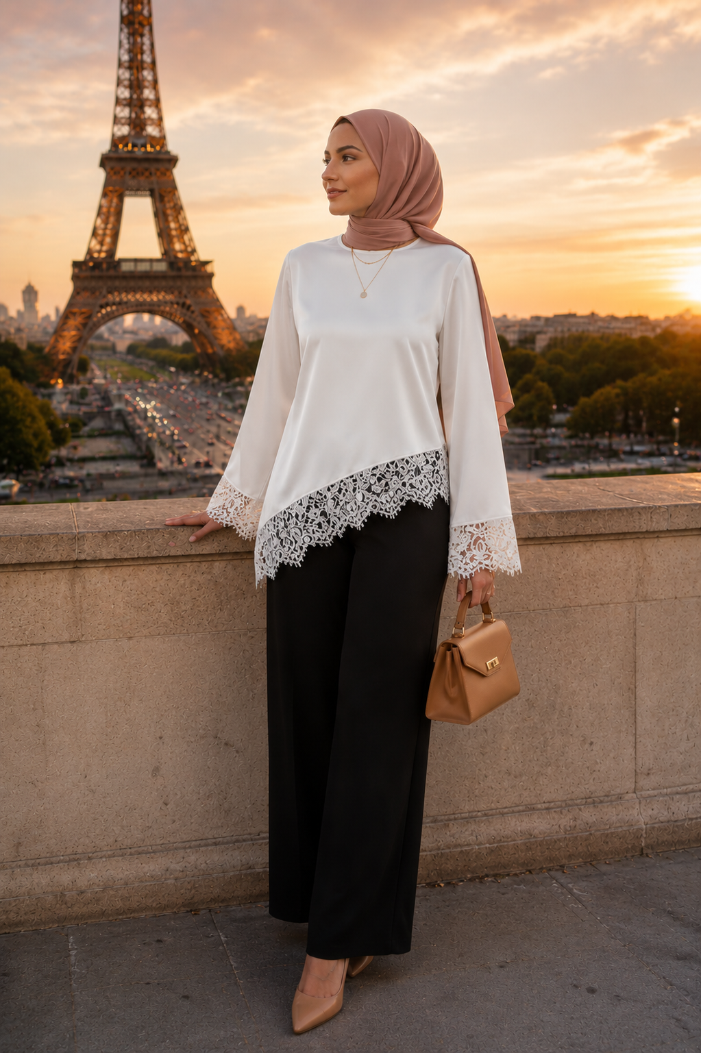 Haut Élégant Dentelle Patchwork Lacets — Manches Longues | Blanc, Noir | Style Modest Chic