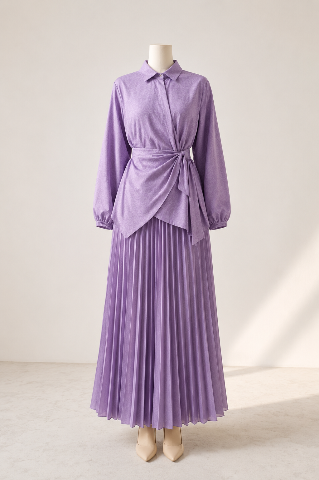 Ensemble 2 Pièces Élégant — Top Noué Col Chemise & Jupe Plissée Maxi | Bleu, Beige, Violet