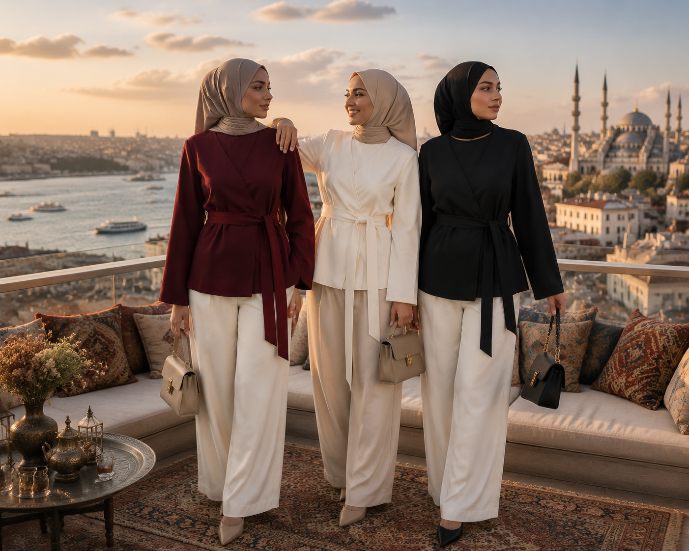 Haut Cache-Cœur Ceinturé Manches Ballon — Blanc, Noir, Bordeaux | Style Modest Chic
